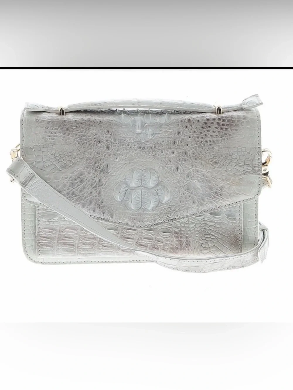 Grand Pelle Crocodile Embossed Leather White Flap Purse with Crossbody Strap